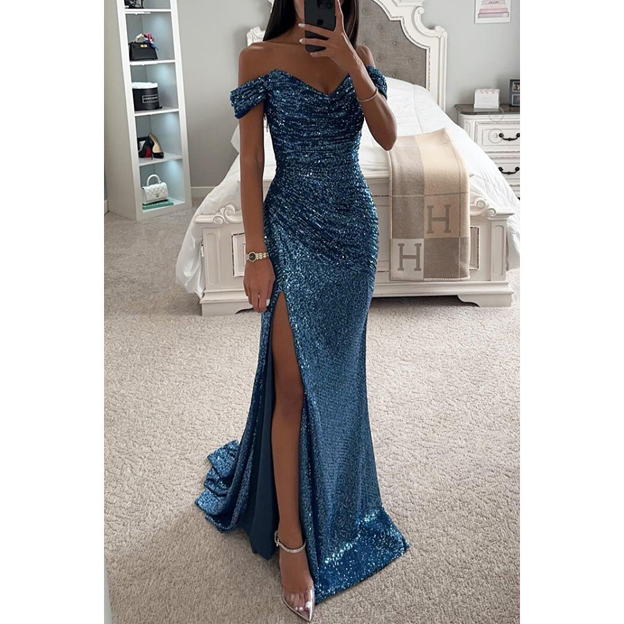 Langes Paillettenkleid schulterfrei mit Beinschlitz