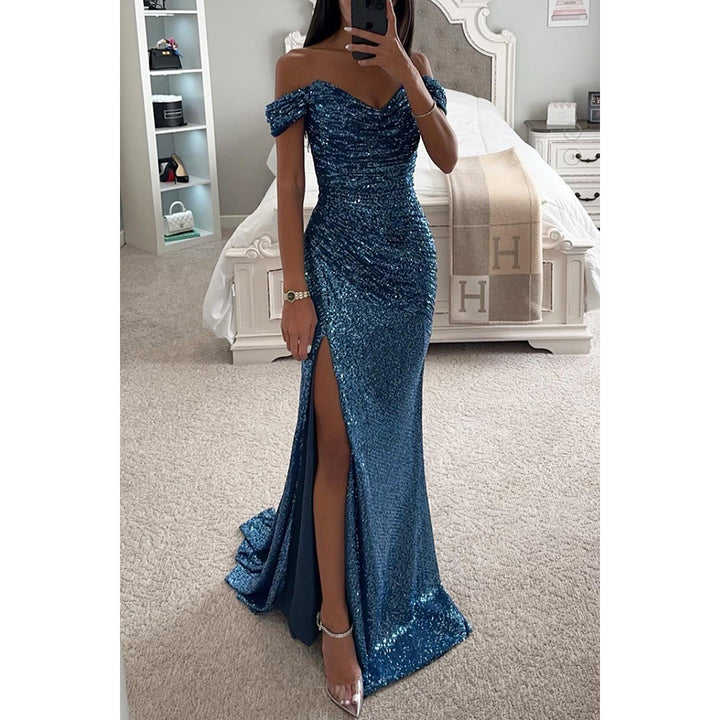 Langes Paillettenkleid schulterfrei mit Beinschlitz