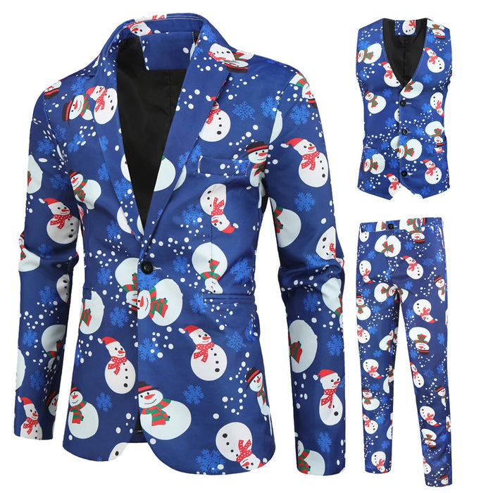 Herren Festliches 3-teiliges Set Blazer Weste Hose Schneemann-Print