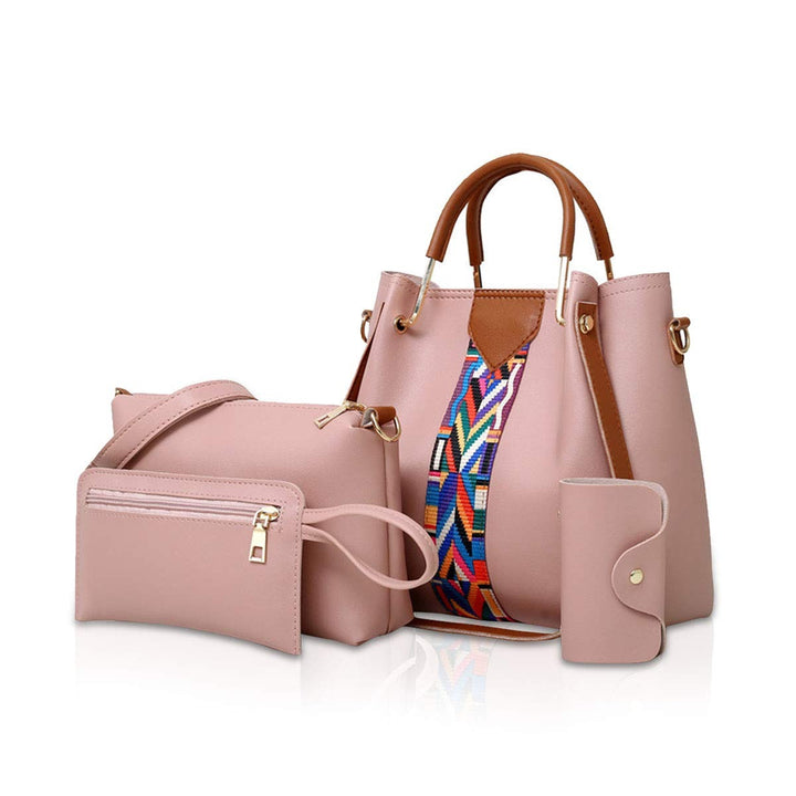 Vierteiliges Handtaschen-Set mit buntem Riemen