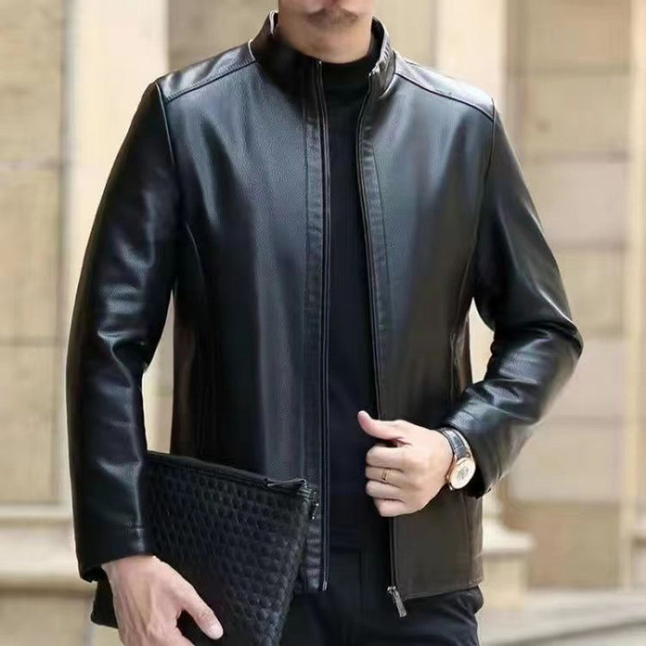 Herren Kunstlederjacke mit Stehkragen in Schwarz