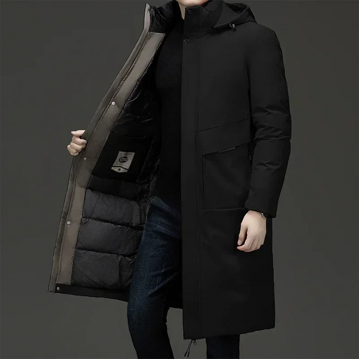 Alexander | Herren Langer Winter Steppmantel mit Kapuze