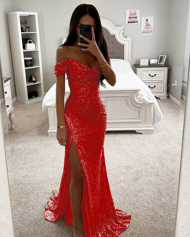 Langes Paillettenkleid schulterfrei mit Beinschlitz