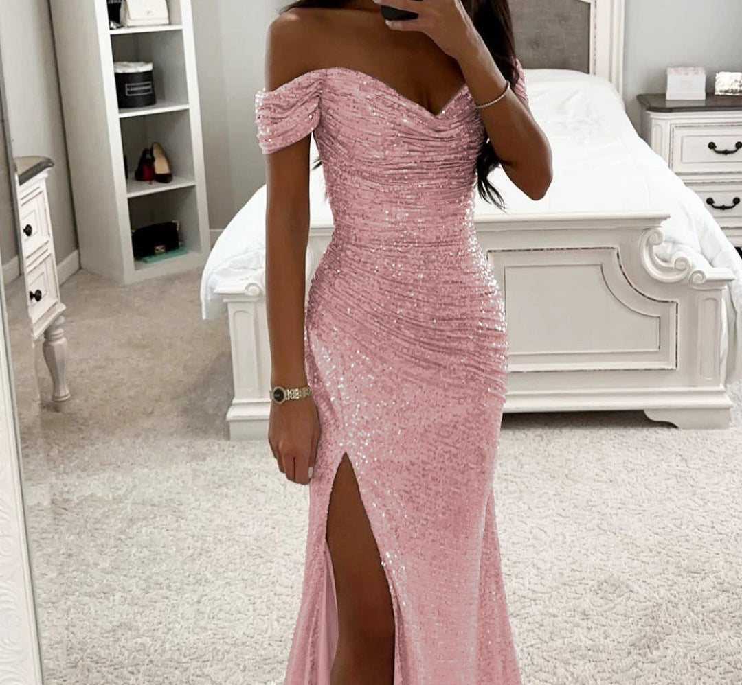 Langes Paillettenkleid schulterfrei mit Beinschlitz