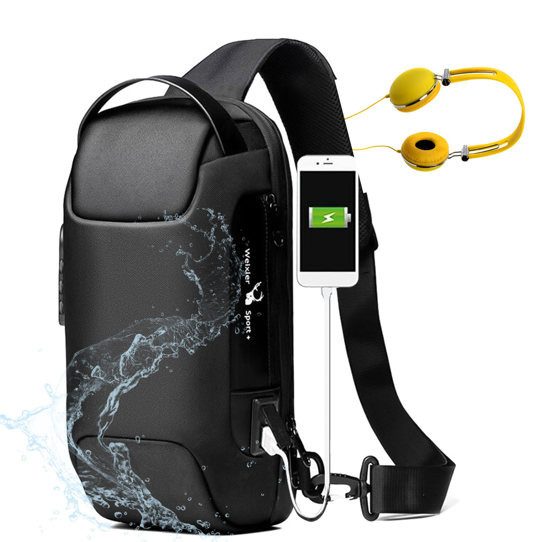 Schwarze Brusttasche mit Zahlenschloss und USB-Port