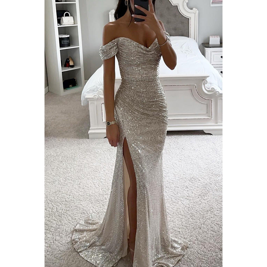 Langes Paillettenkleid schulterfrei mit Beinschlitz