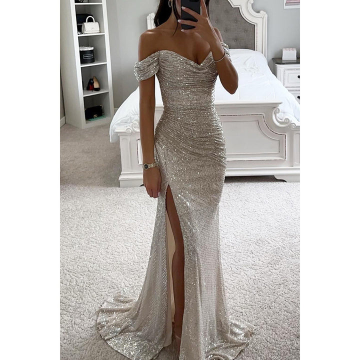 Langes Paillettenkleid schulterfrei mit Beinschlitz