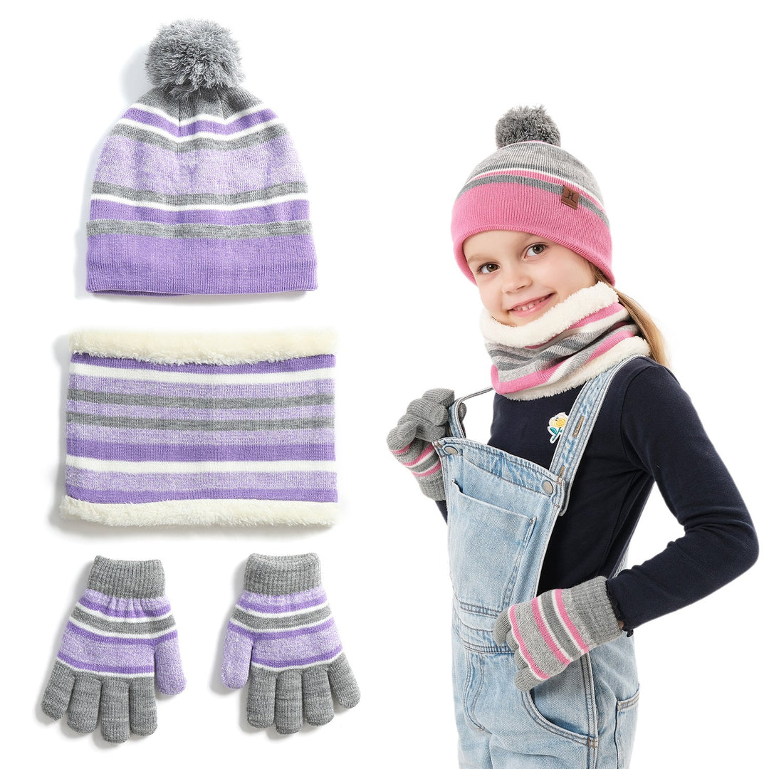 Gestreifte Kindermütze mit Bommel, Schal und Handschuhe