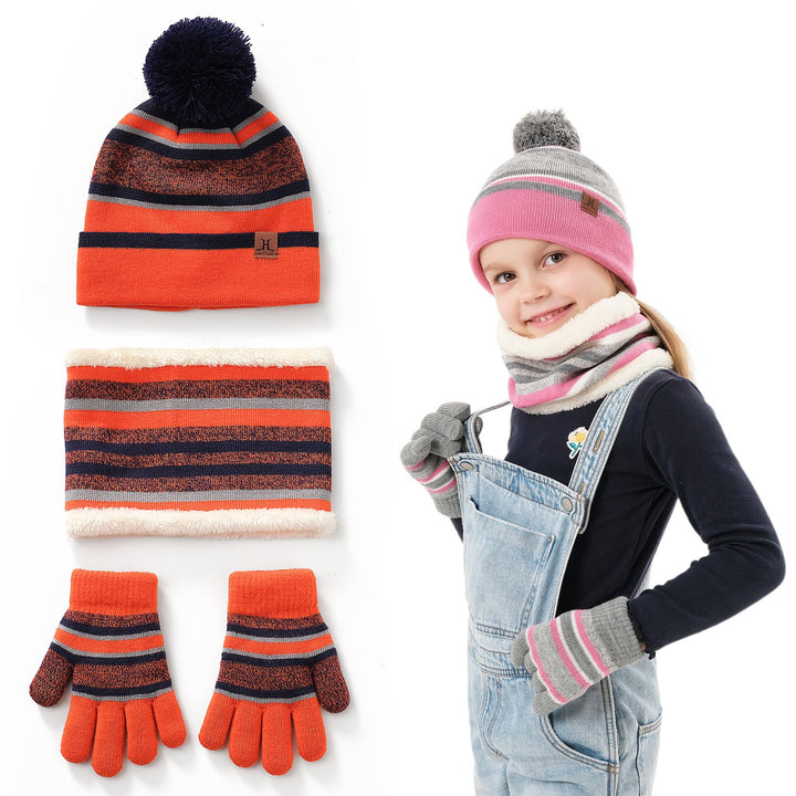 Gestreifte Kindermütze mit Bommel, Schal und Handschuhe