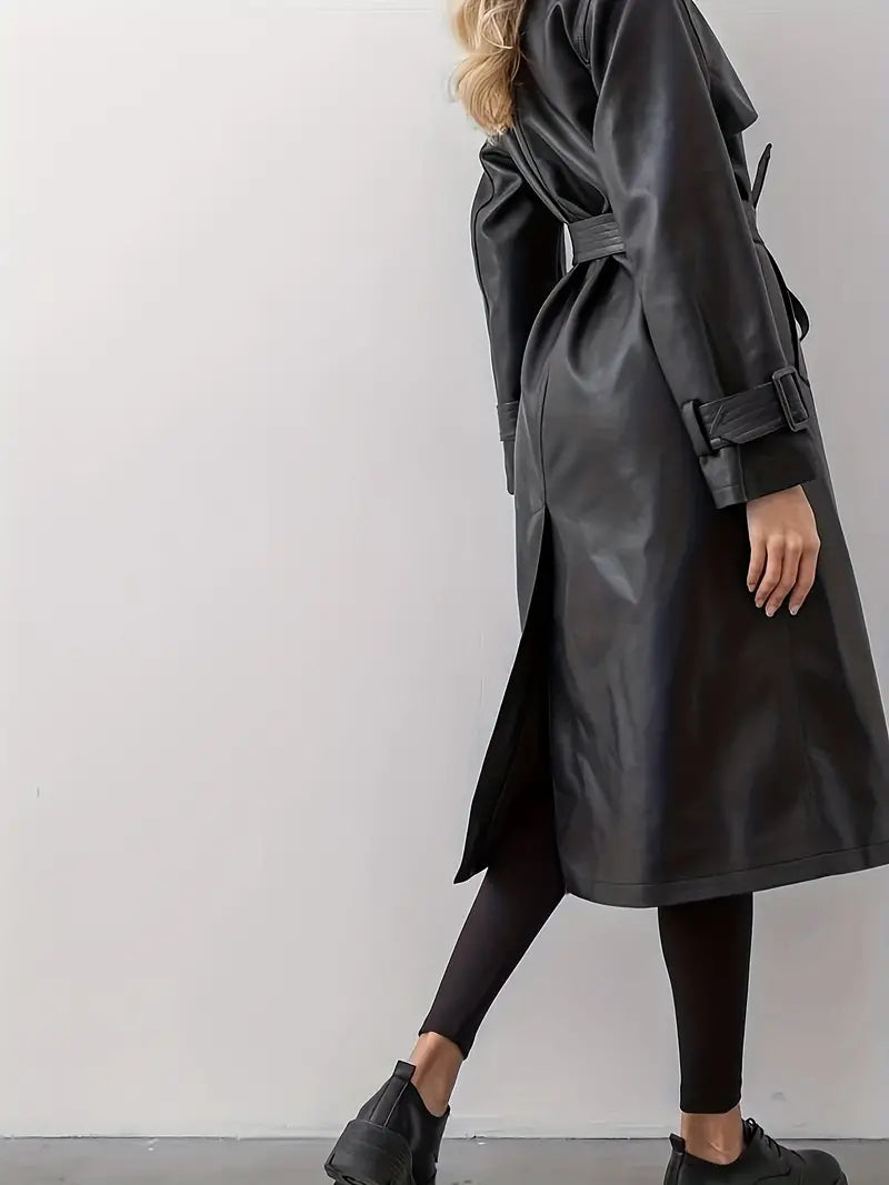 Edith | Damen Langer Gürtetragender Kunstleder Trenchcoat