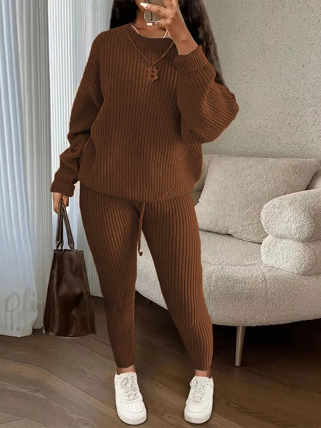 Rippstrick-Set aus Pullover und Hose mit Kordelzug