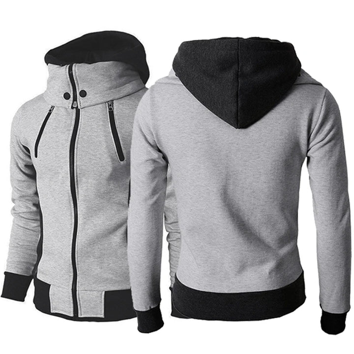 Mann in grauer Sweatjacke mit hohem Kragen