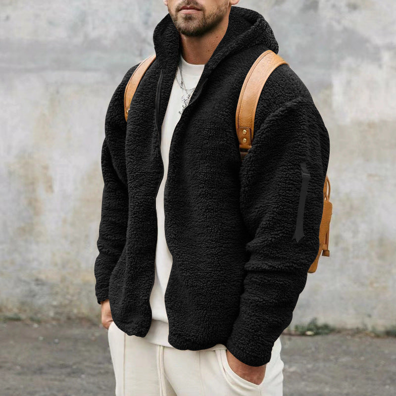 Herren Teddy-Fleecejacke mit Kapuze in Khaki