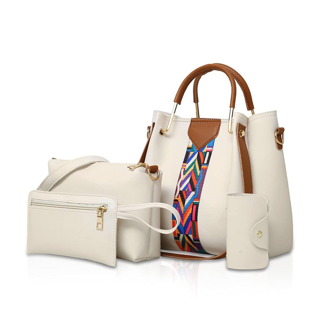 Vierteiliges Handtaschen-Set mit buntem Riemen
