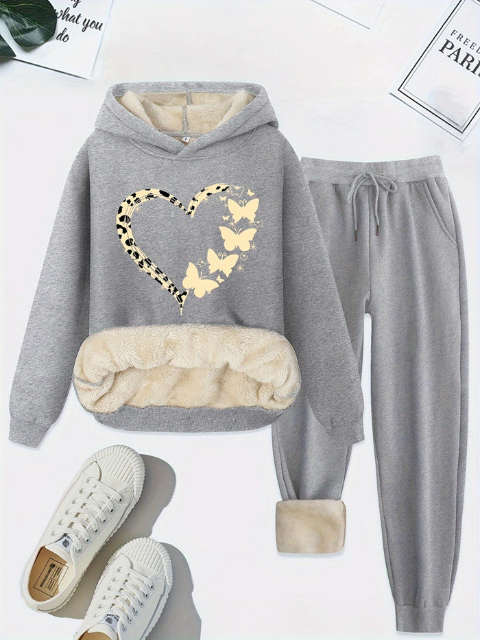 Damen Kapuzenpullover-Set mit Herzprint und Kordelzug