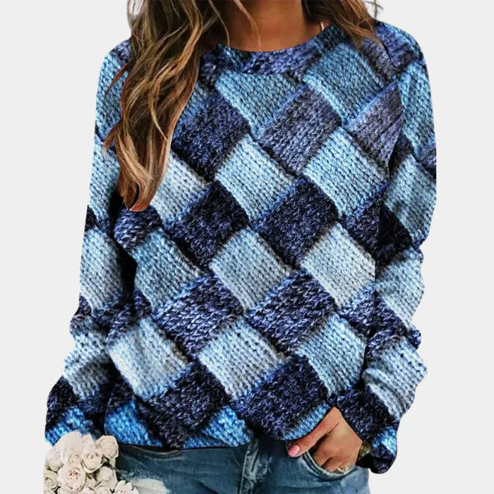 Damen Pullover mit Buntem Patchwork-Muster Rundhals