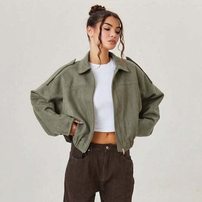 Emilia | Damen Oversized Kurzgeschnittene Kunstwildleder Bomberjacke