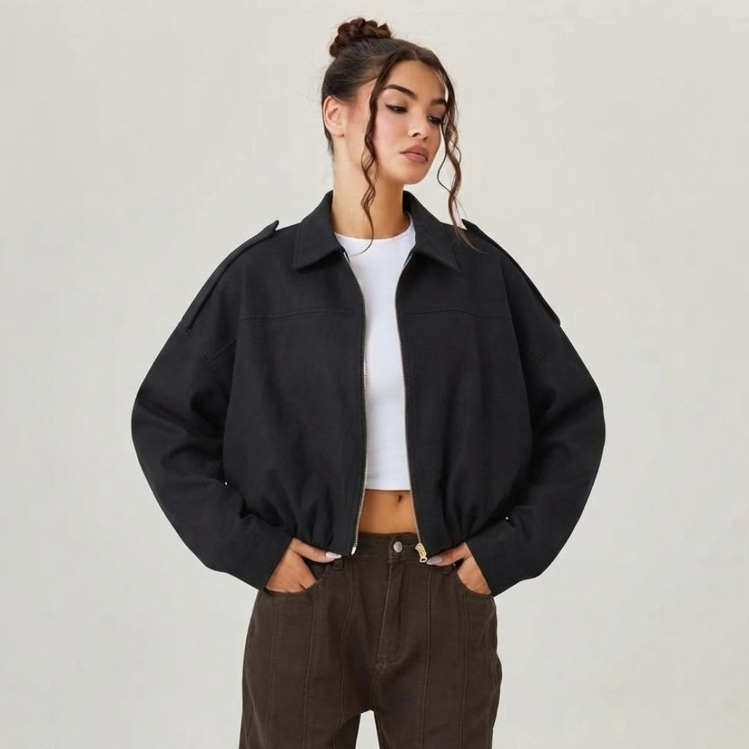 Emilia | Damen Oversized Kurzgeschnittene Kunstwildleder Bomberjacke