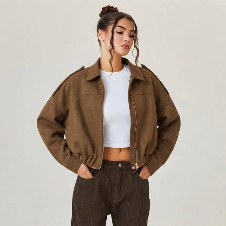 Emilia | Damen Oversized Kurzgeschnittene Kunstwildleder Bomberjacke