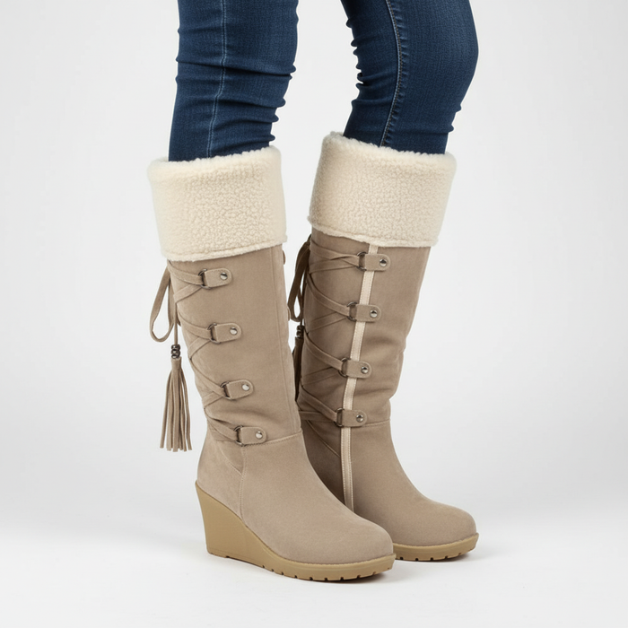 Damen Keilabsatz Winterstiefel mit Fellkragen