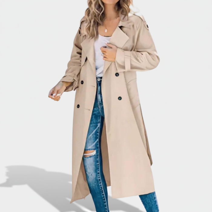 Damen Trenchcoat Zweireihig mit Gürtel Lang Geschnitten