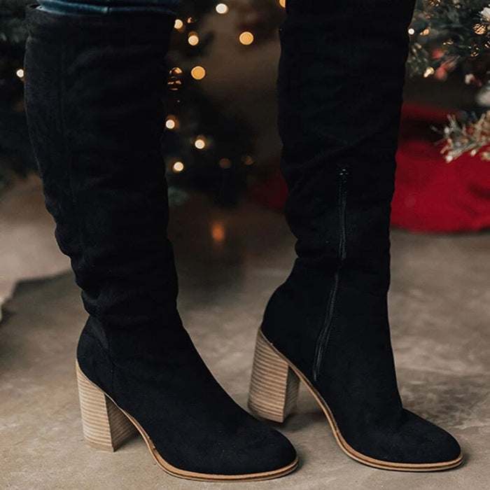 Damen Kniestiefel mit Blockabsatz und Reißverschluss
