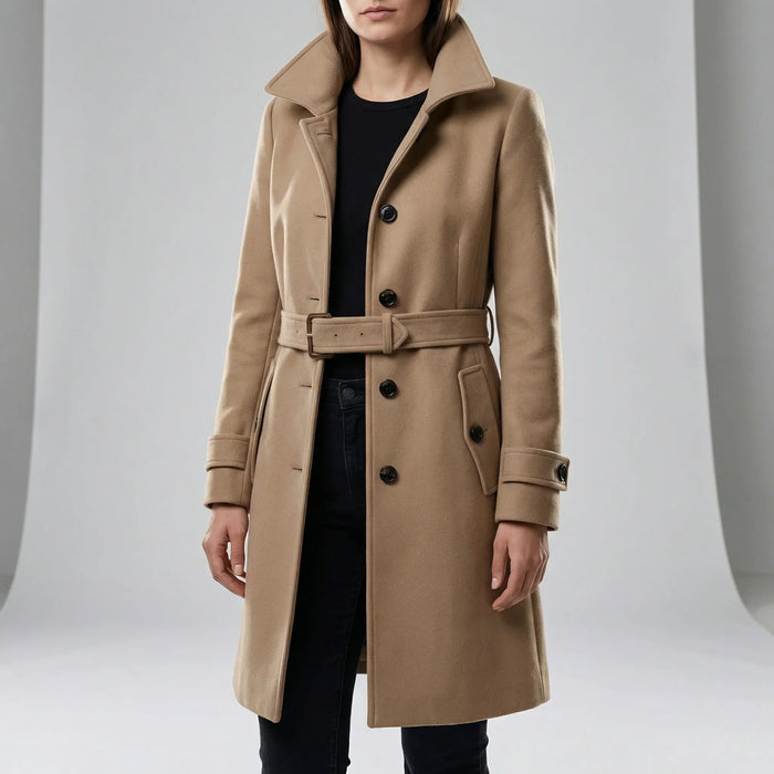 Damen Trenchcoat Zweireihig Lang mit Taillengürtel