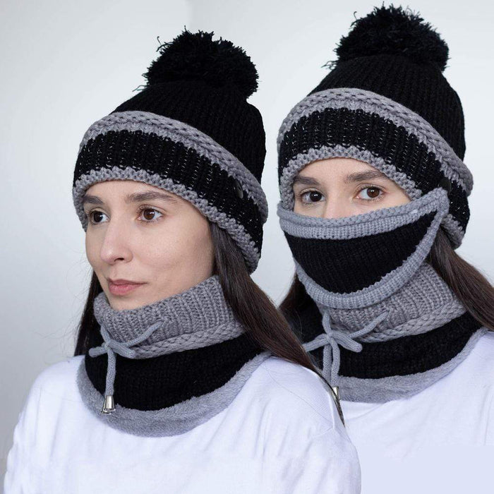 3-in-1 Bommelmütze Schal Maske Set mit abnehmbarer Gesichtsmaske