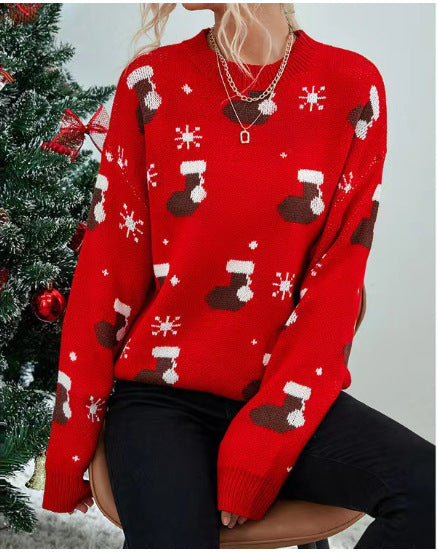 Damen Weihnachtspullover mit Sockenmuster und Schneeflocken