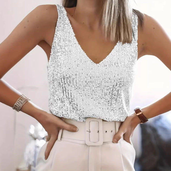 Damen Pailletten-Top mit V-Ausschnitt und Trägerdesign