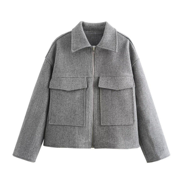 Damen Kurze Wolljacke mit Reverskragen und Zip