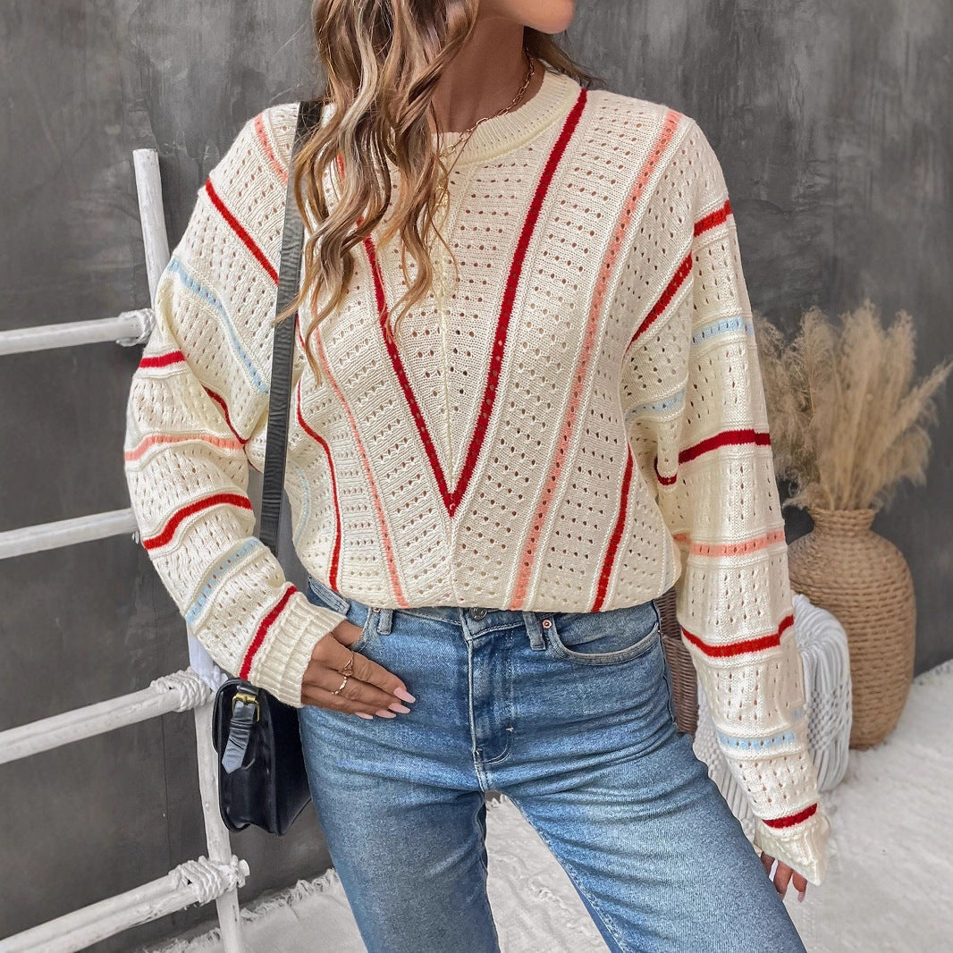 Damen Pullover mit Lochmuster und Streifendetails
