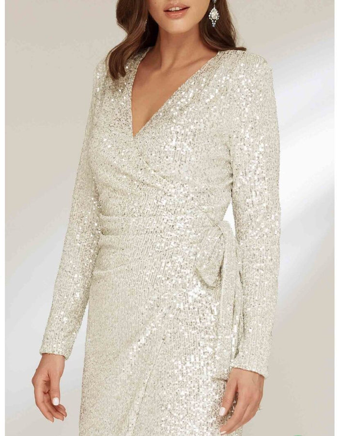 Damen Pailletten-Wickelkleid mit V-Ausschnitt Langarm