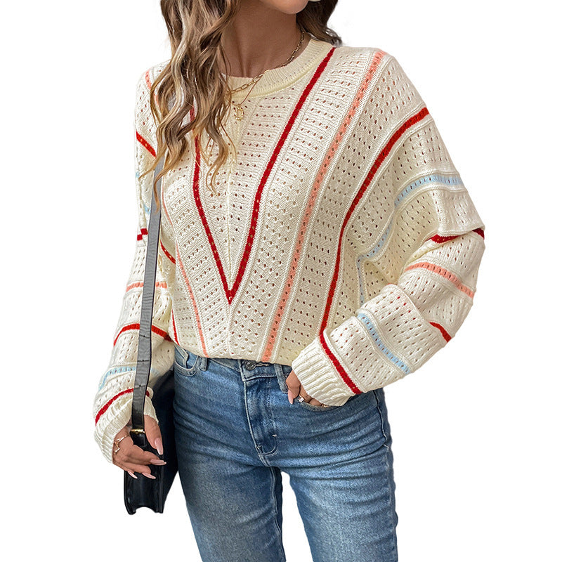 Damen Pullover mit Lochmuster und Streifendetails