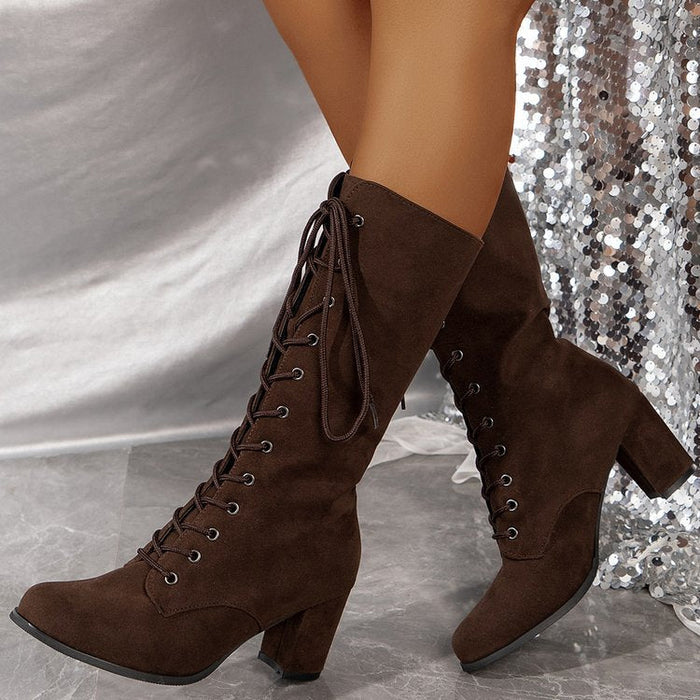 Damen Schnürstiefel mit Blockabsatz und Schnürung