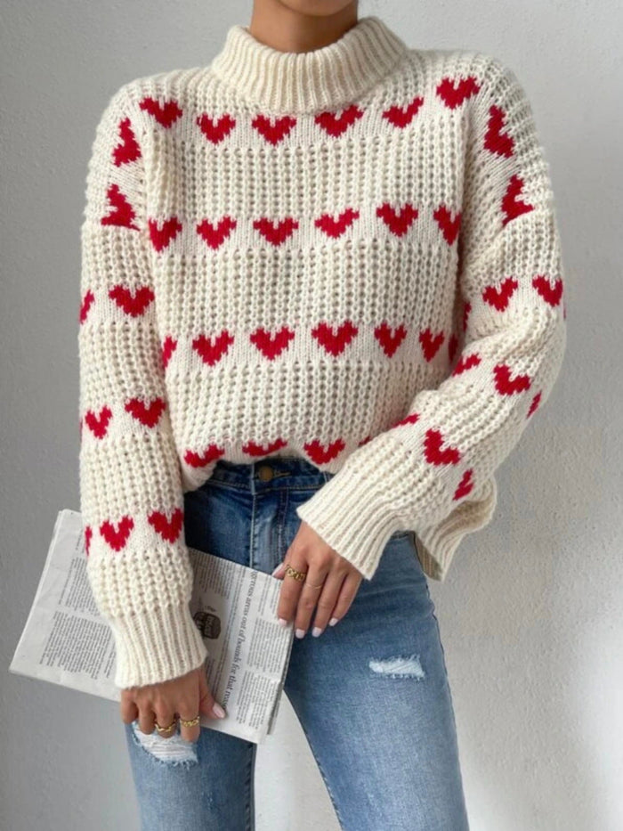 Damen Strickpullover mit Herzmuster und hohem Stehkragen