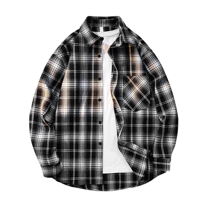 Herren nan kariertes Oversized Flanellhemd mit aufgesetzter Brusttasche, Rundem Saum und durchgeknöpfter Vorderseite Drune