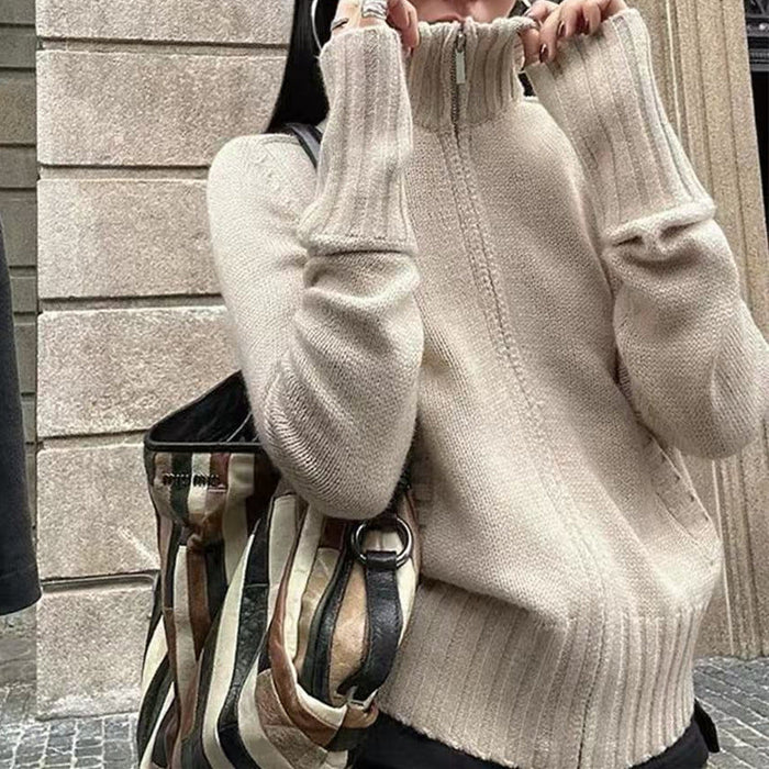 Damen Rippstrick Pullover mit Stehkragen und Ballonärmeln