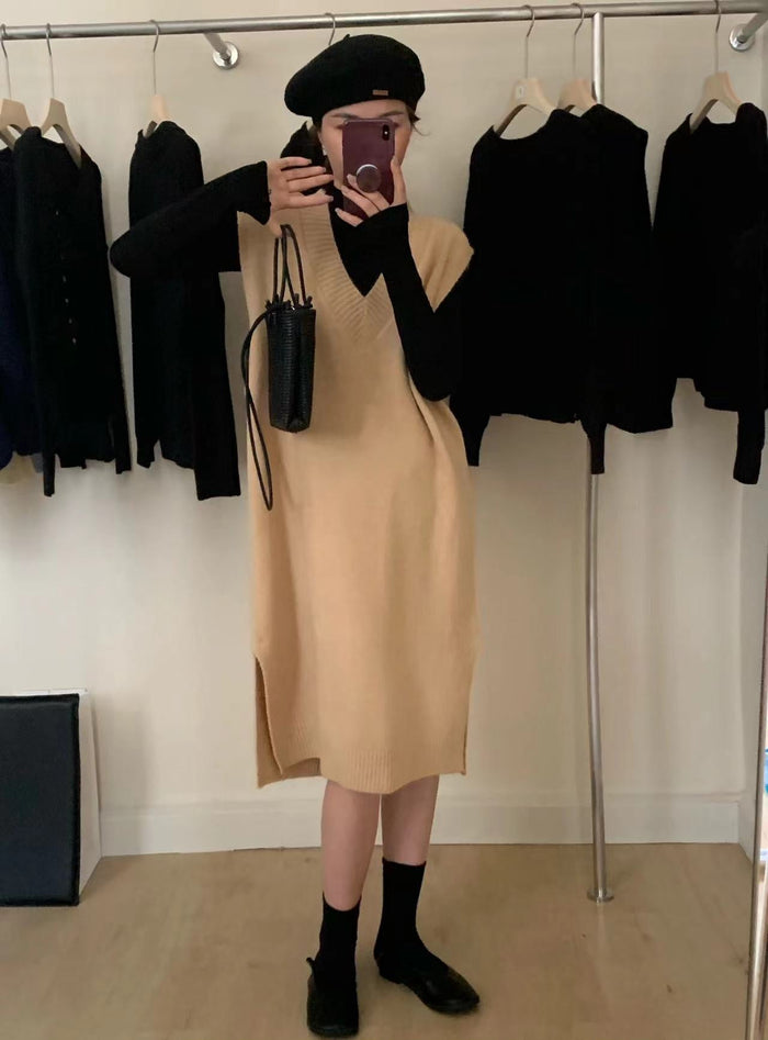 Damen V-Ausschnitt Strickkleid mit Seitenschlitz