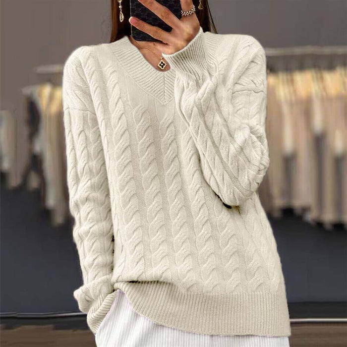 Damen Pullover mit Zopfmuster und V-Ausschnitt