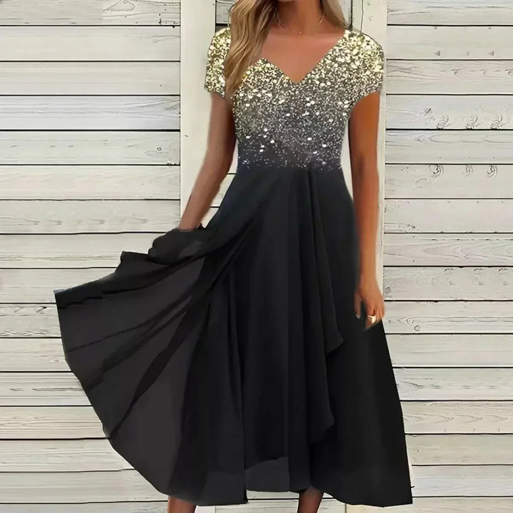 Yvonne | Damen Fließendes Blumen-Formkleid mit kurzen Ärmeln