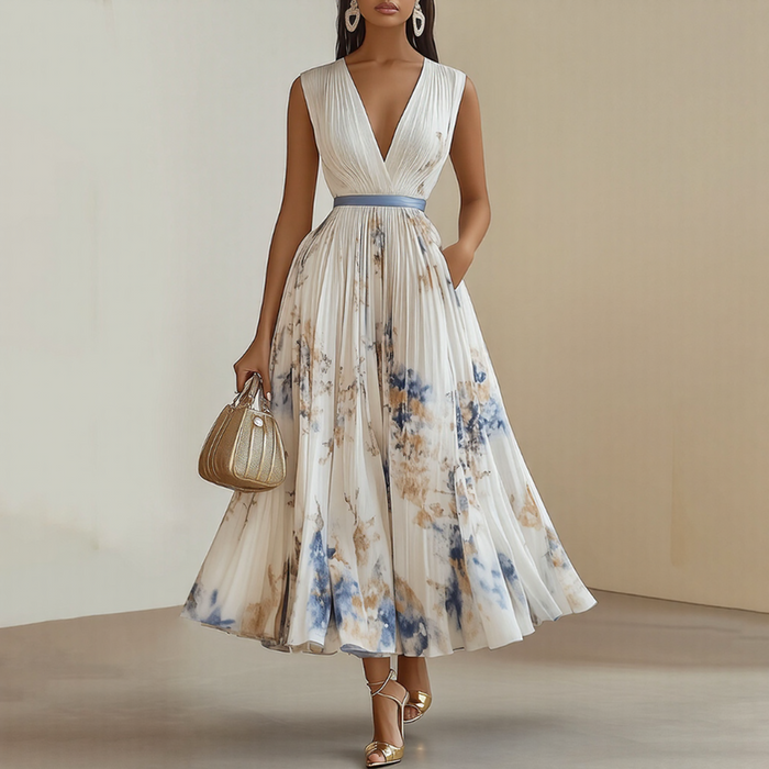 Damen Plissee Maxikleid mit V-Ausschnitt und Taillenbindung