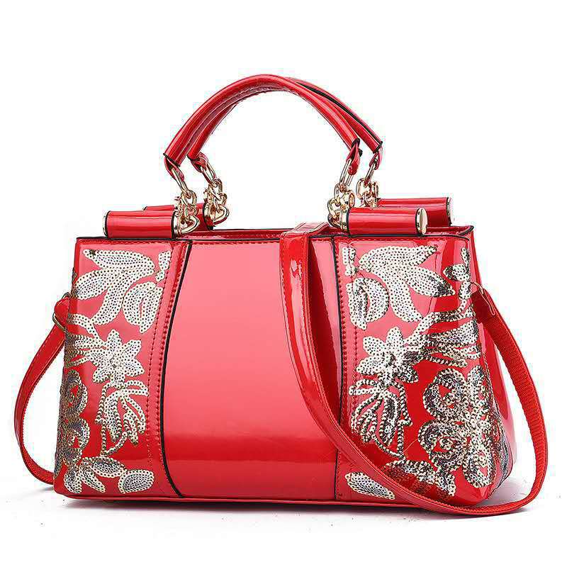 Lack-Handtasche mit Pailletten-Blumenstickerei