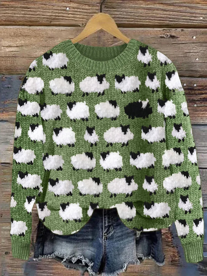 Damen Strickpullover mit Schafmuster und Rundhalsausschnitt