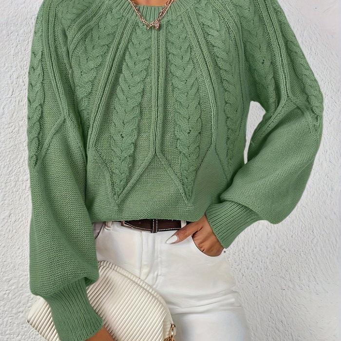 Damen Zopfstrick-Rundhals-Pullover mit Raglanärmeln