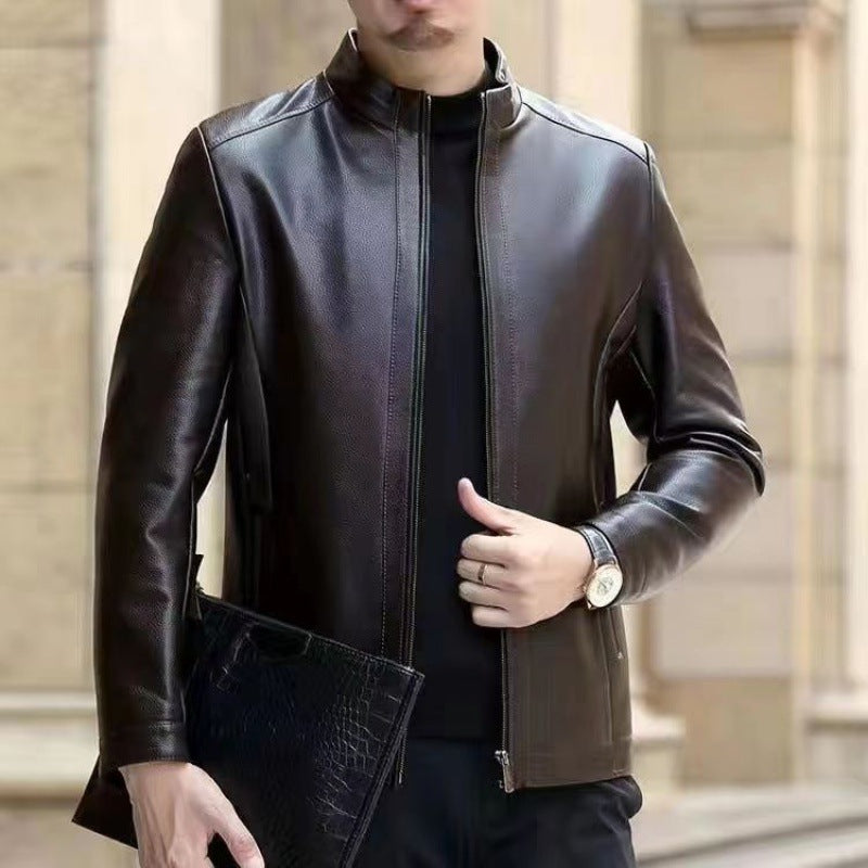 Herren Kunstlederjacke mit Stehkragen in Schwarz