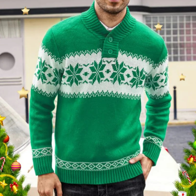 Herren Weihnachtspullover mit Schneeflocken und Schalkragen