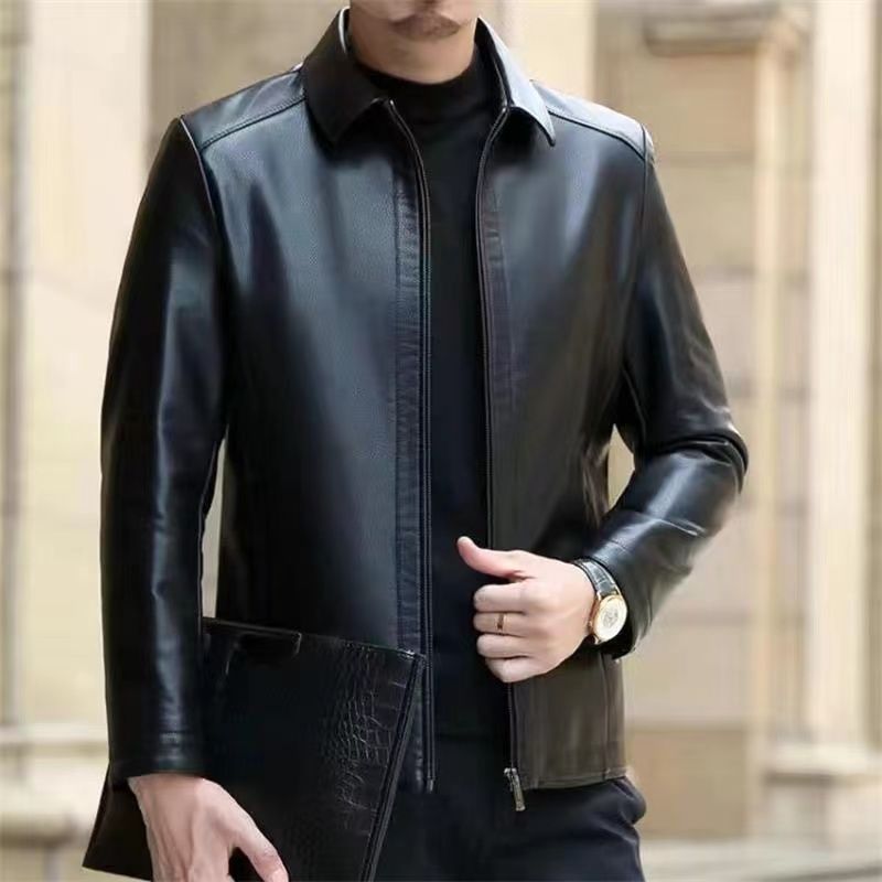 Herren Kunstlederjacke mit Stehkragen in Schwarz