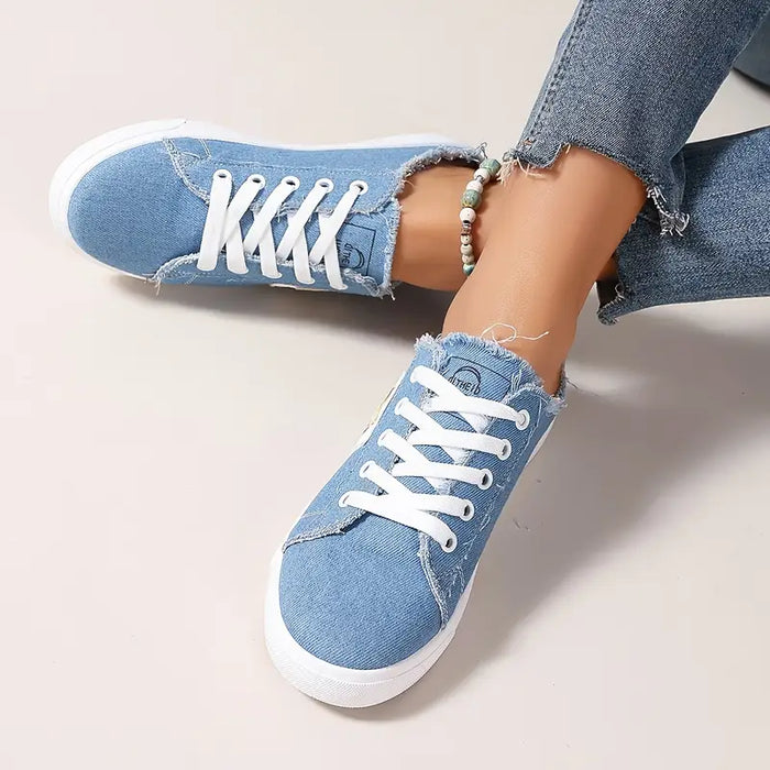 Damen Canvas Schnürschuhe Flach mit Runder Zehenkappe