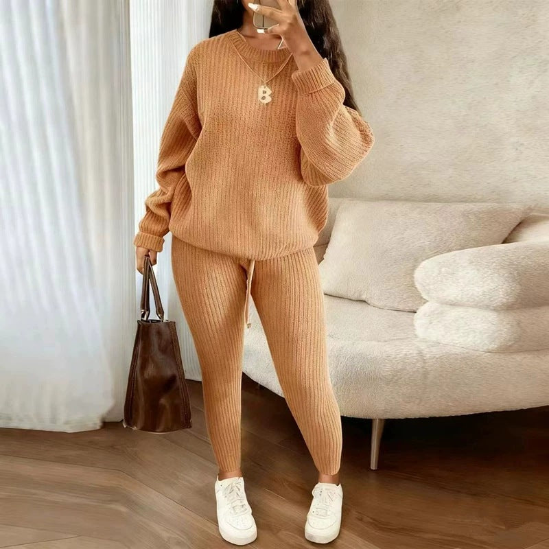 Rippstrick-Set aus Pullover und Hose mit Kordelzug